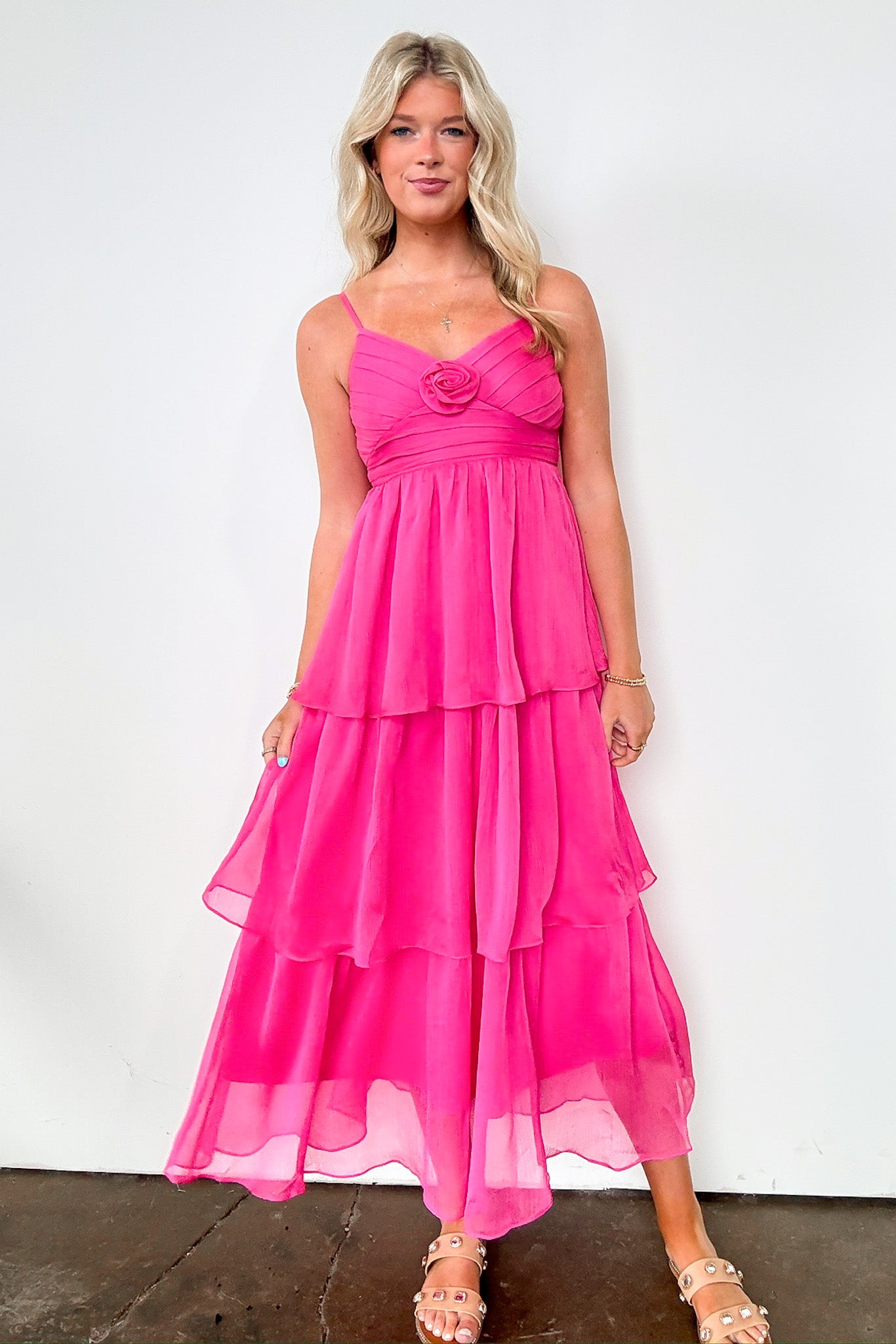 Pink / S Blissfully Darling Tiered Floral Ruffle Dress - Madison and Mallory