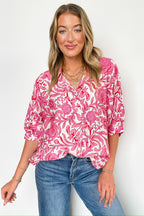 Pink/Ivory / S Bloom Ease Floral Print Short Dolman Sleeves Blouse - Madison and Mallory