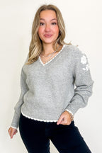 Blossom Thread Floral Applique V-Neck Sweater - Madison and Mallory