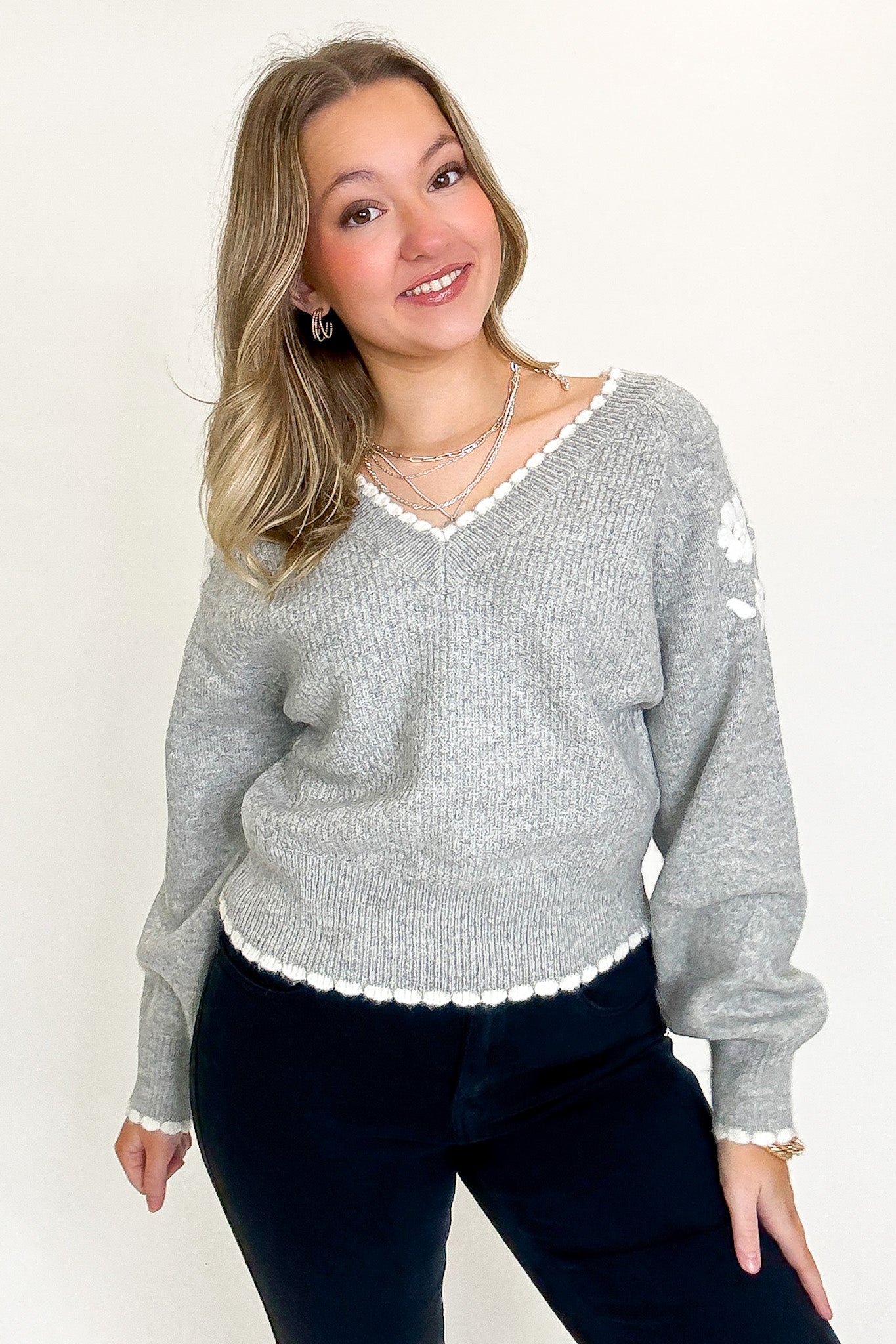 Blossom Thread Floral Applique V-Neck Sweater - Madison and Mallory