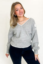 Blossom Thread Floral Applique V-Neck Sweater - Madison and Mallory