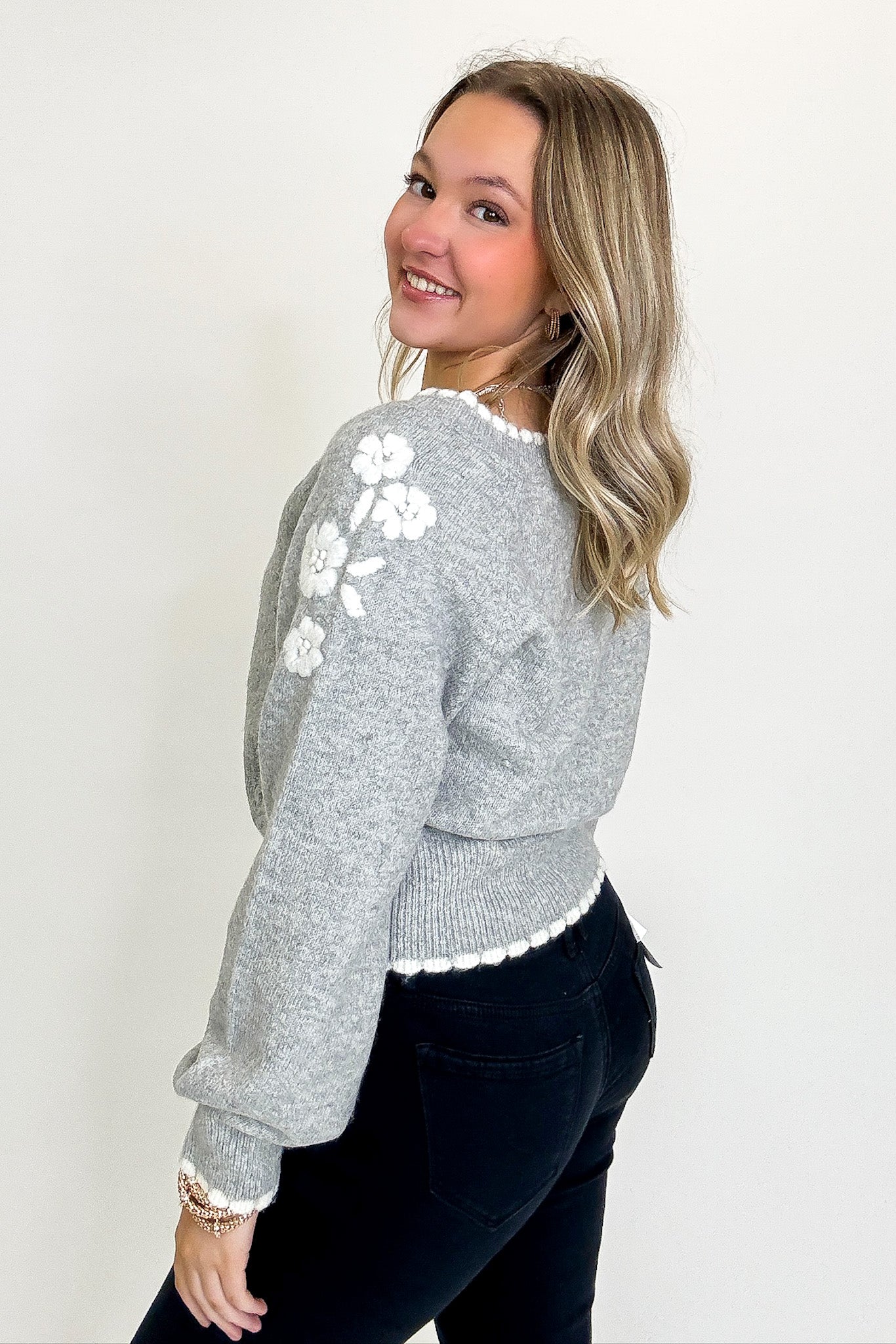 Blossom Thread Floral Applique V-Neck Sweater - Madison and Mallory