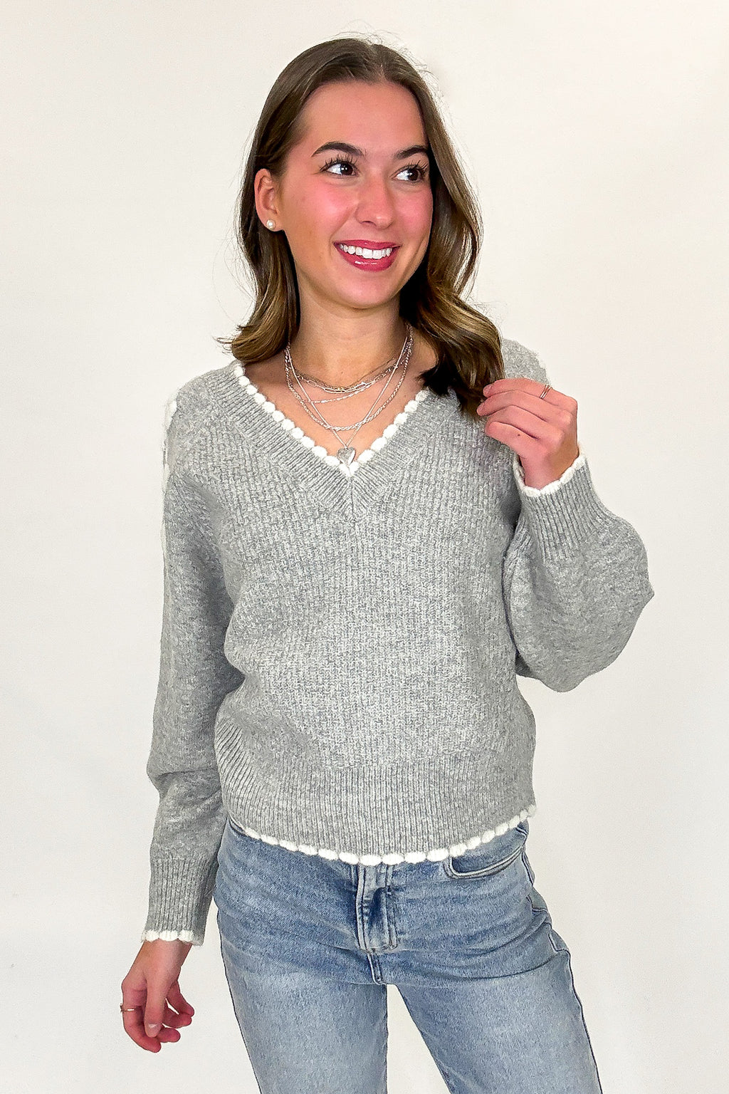 Blossom Thread Floral Applique V-Neck Sweater - Madison and Mallory