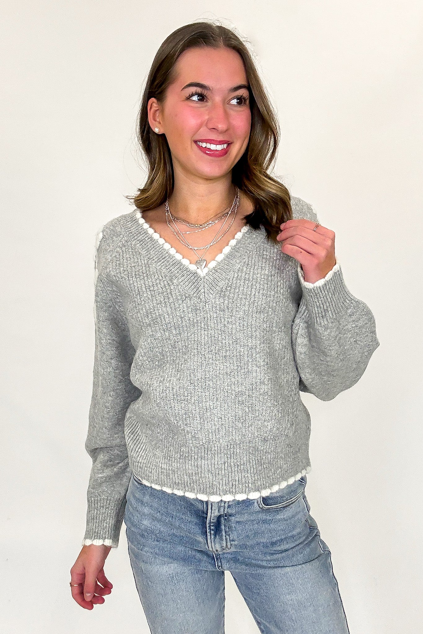 Blossom Thread Floral Applique V-Neck Sweater - Madison and Mallory