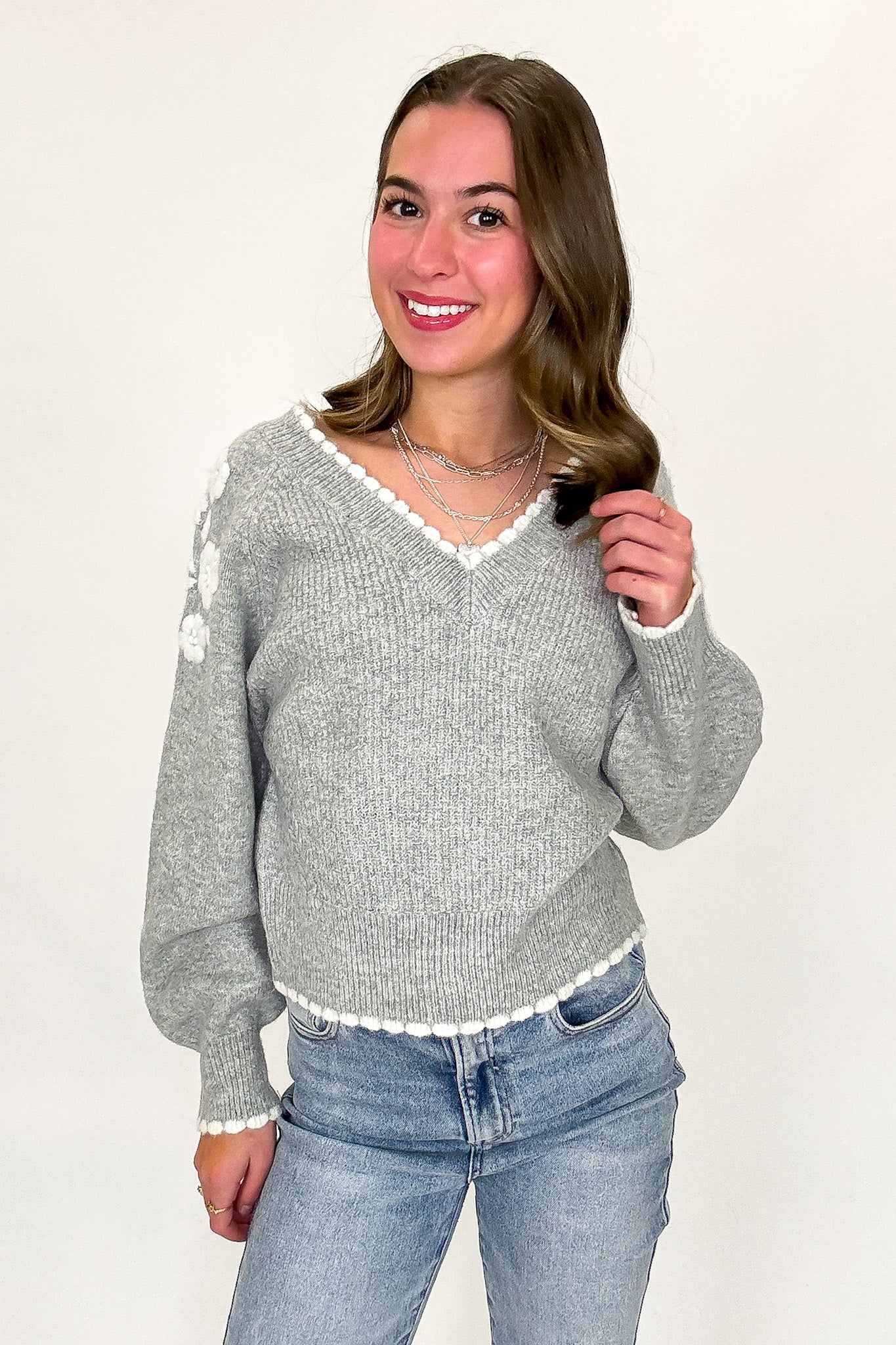 Blossom Thread Floral Applique V-Neck Sweater - Madison and Mallory