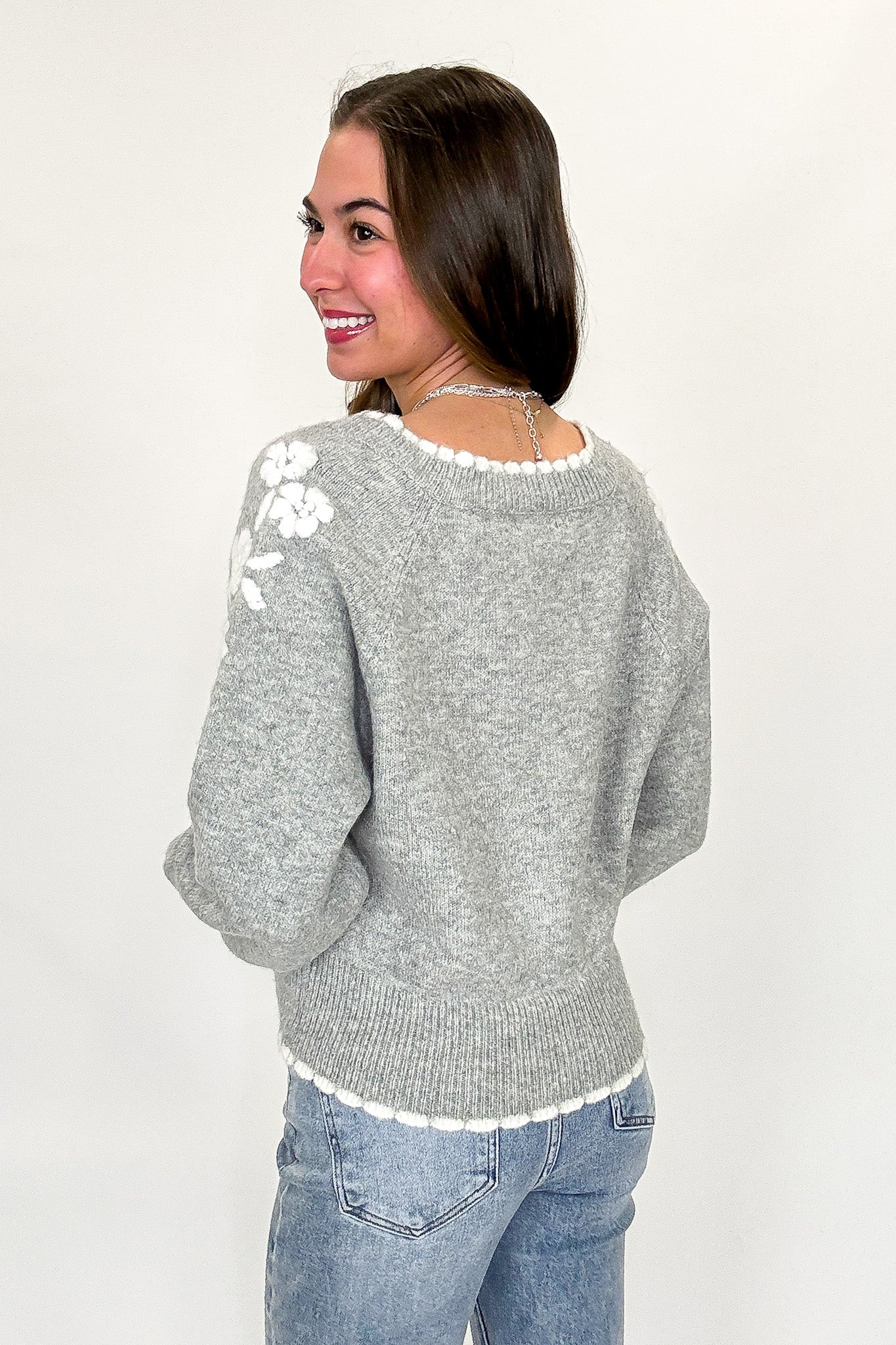 Blossom Thread Floral Applique V-Neck Sweater - Madison and Mallory