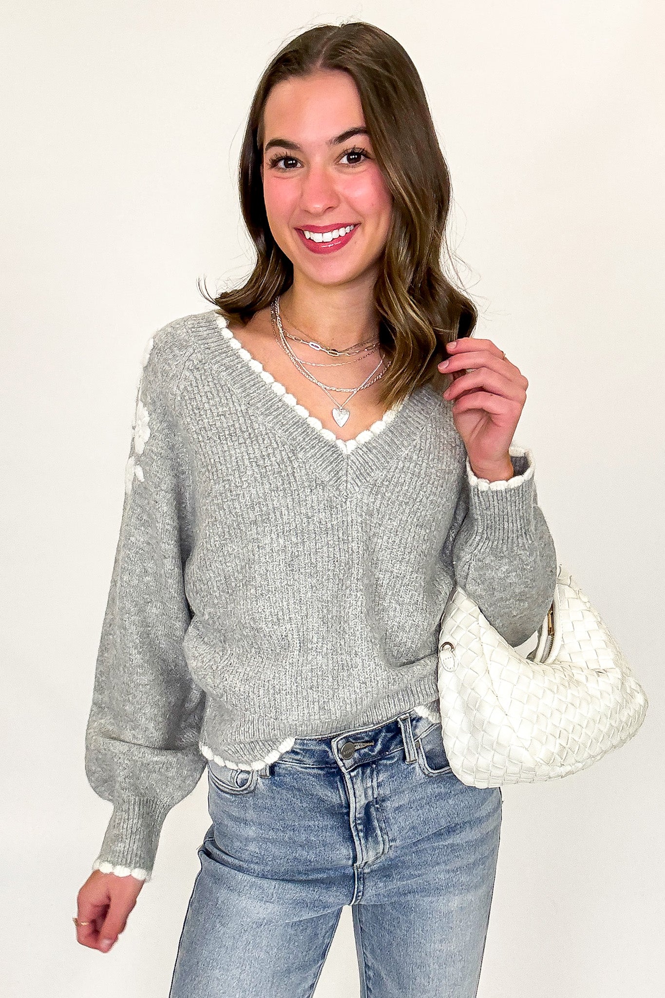 Blossom Thread Floral Applique V-Neck Sweater - Madison and Mallory