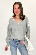 S / Heather Gray Blossom Thread Floral Applique V-Neck Sweater - Madison and Mallory