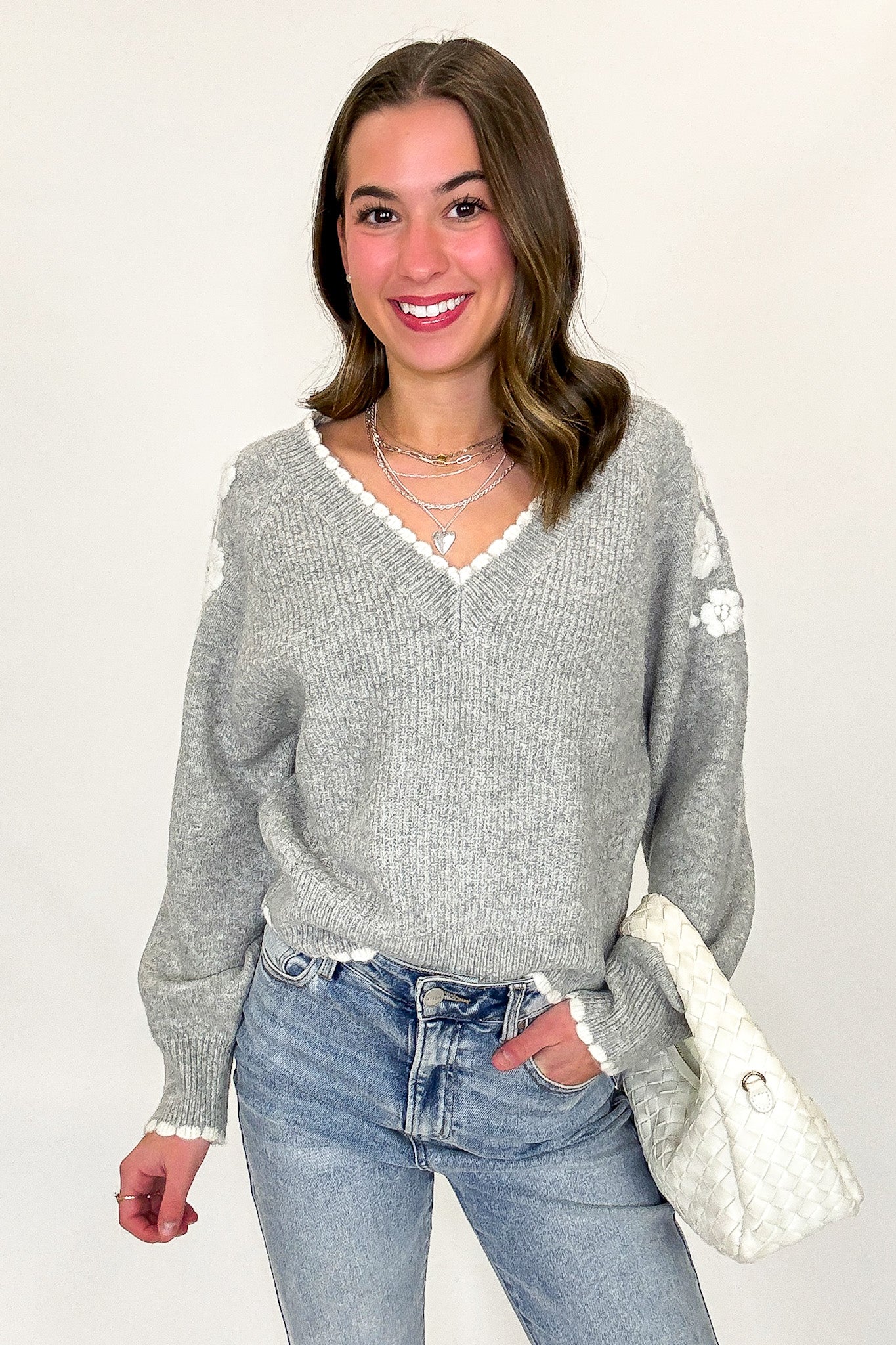 S / Heather Gray Blossom Thread Floral Applique V-Neck Sweater - Madison and Mallory