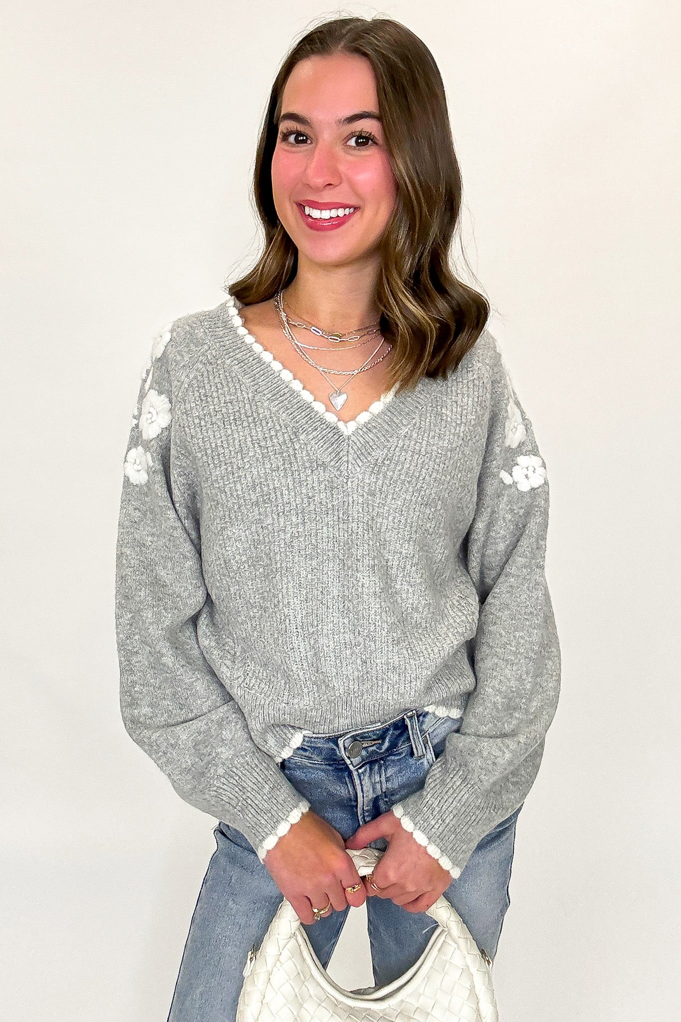 Blossom Thread Floral Applique V-Neck Sweater - Madison and Mallory