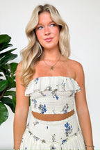 S / Cream Blue Blossoming Charm Floral Smocked Ruffle Top - FINAL SALE - Madison and Mallory