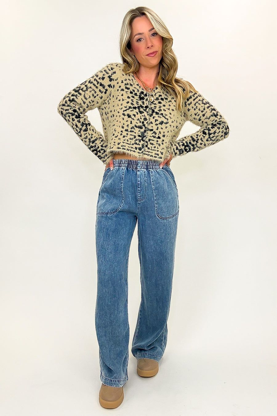 Blue Drift Washed Chambray Elastic Waist Wide Leg Pants