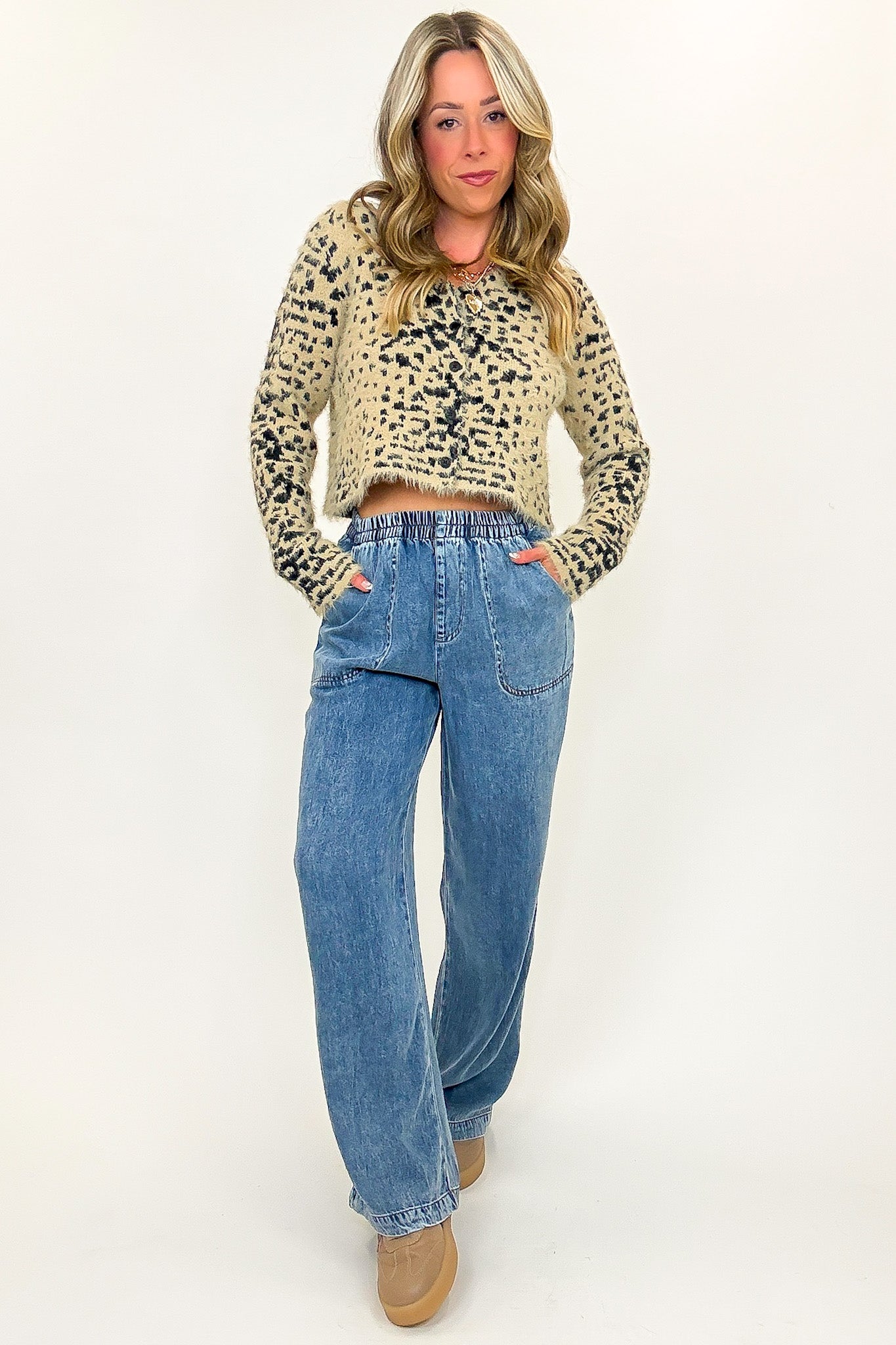 Blue Drift Washed Chambray Elastic Waist Wide Leg Pants