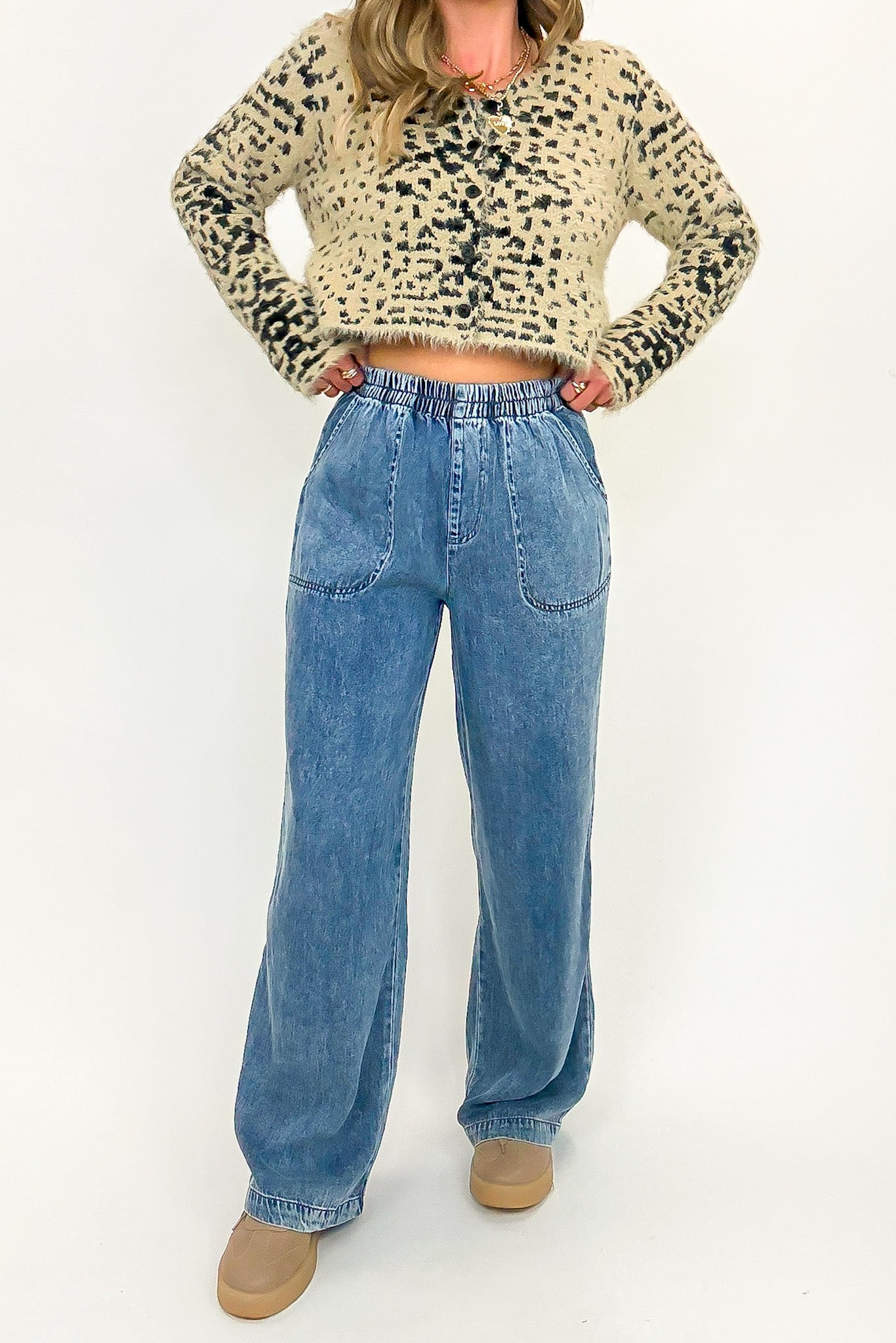 Blue Drift Washed Chambray Elastic Waist Wide Leg Pants