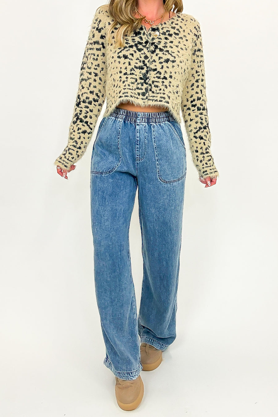 Blue Drift Washed Chambray Elastic Waist Wide Leg Pants