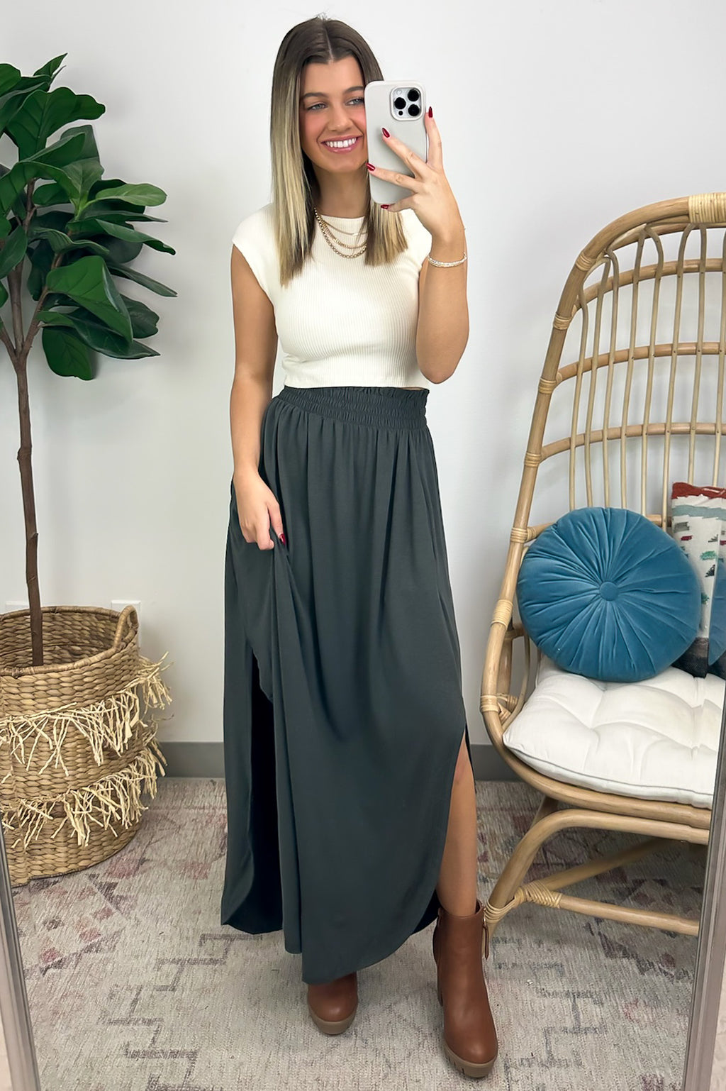 Ash Gray / S Boheme Smocked Waist Maxi Skirt - FINAL SALE - Madison and Mallory