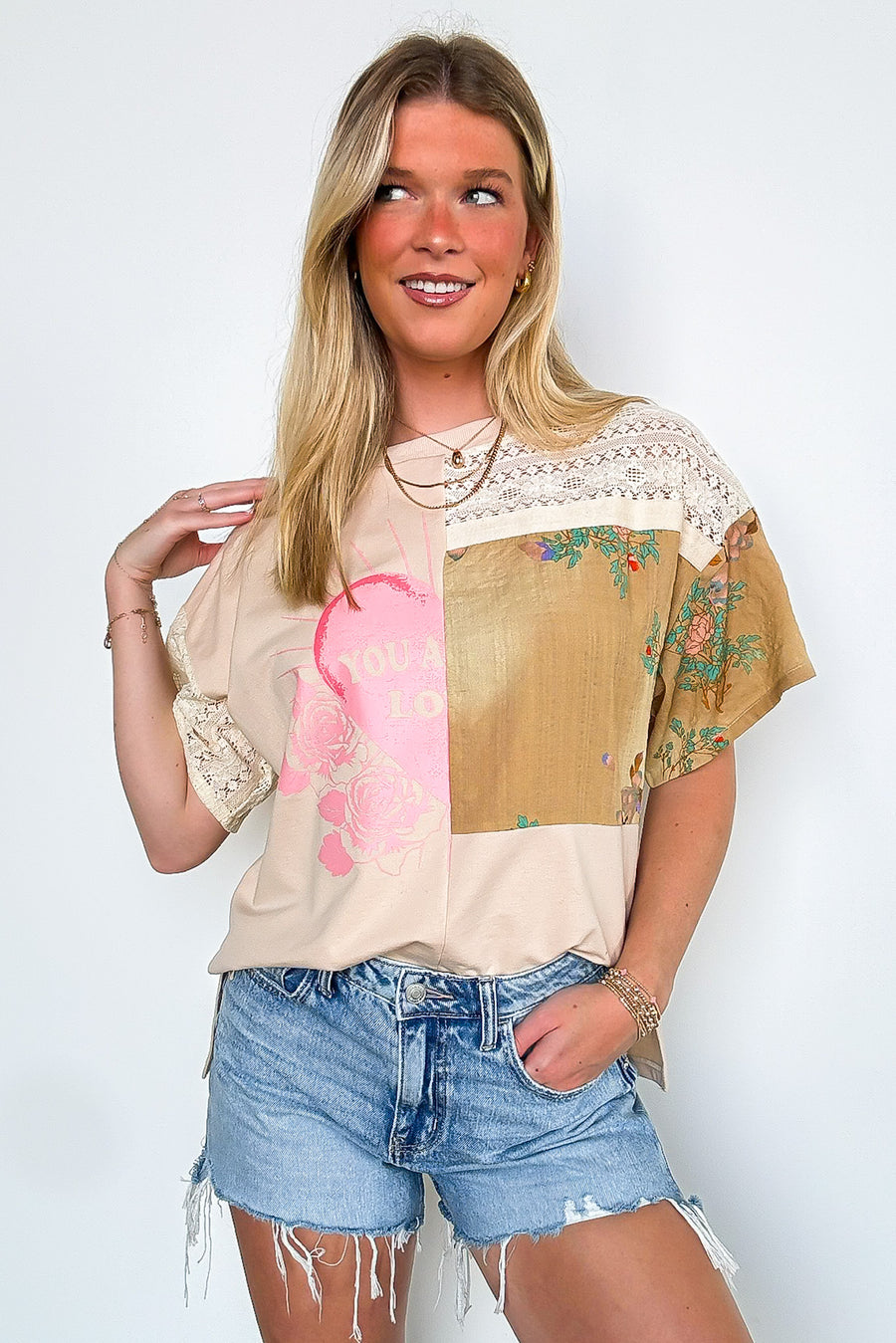 S / Natural Multi Boho Babe Patchwork Graphic Tee - Madison and Mallory