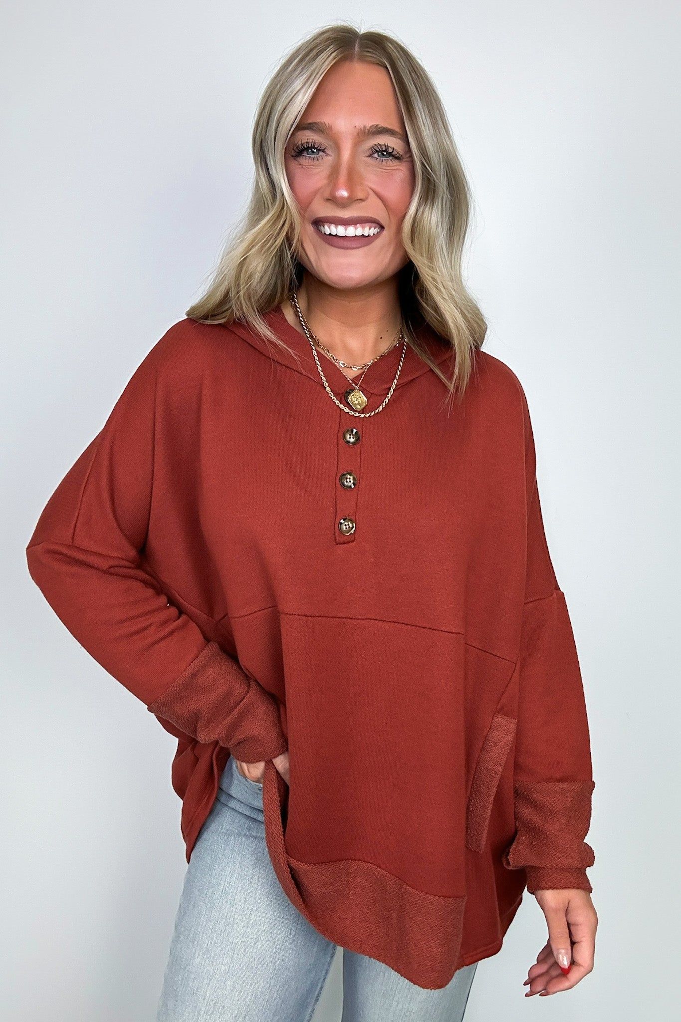 Rust / S Boho Bliss Contrast Hooded Relaxed Fit Pullover - Madison and Mallory