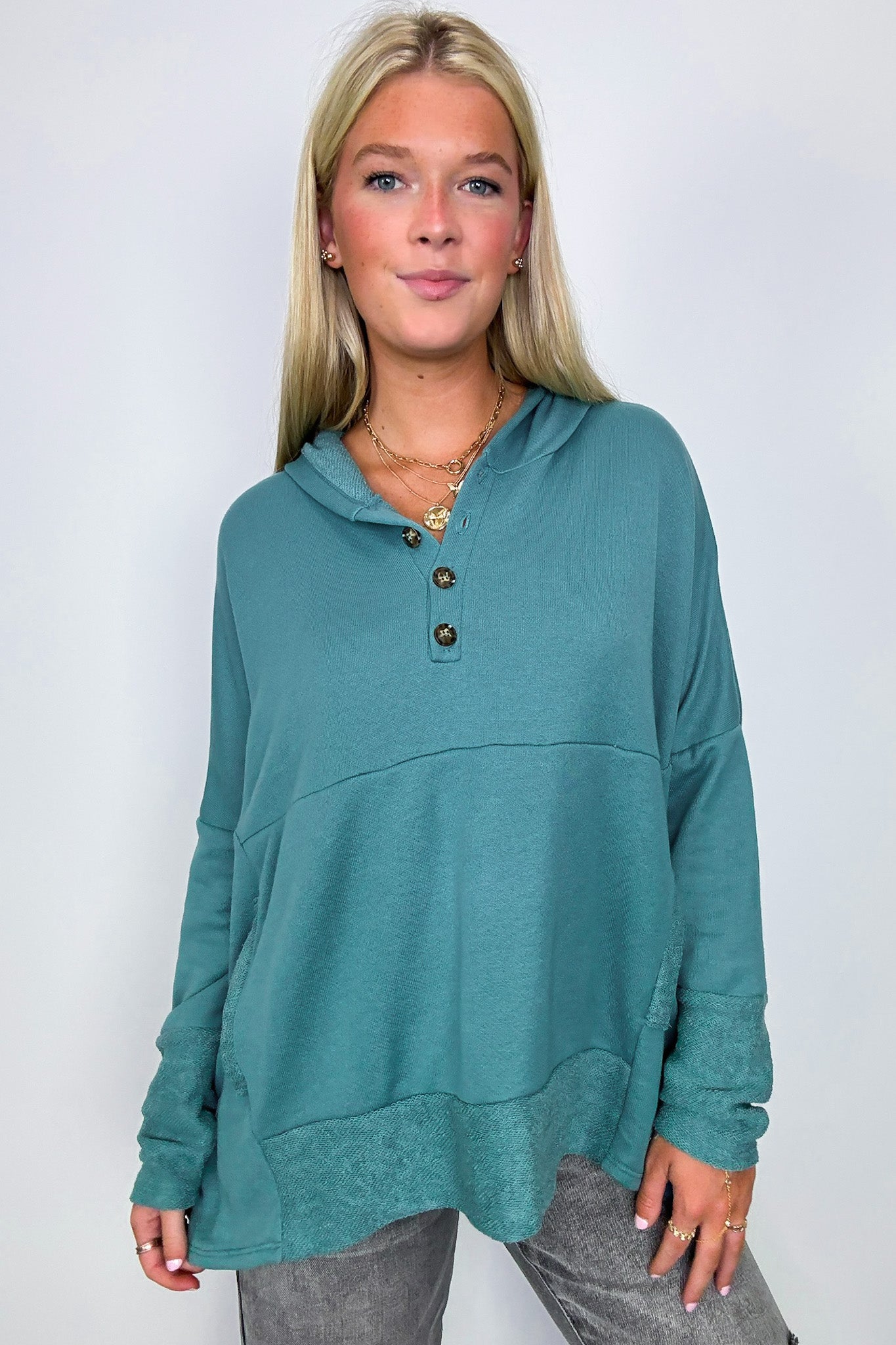 Jade / S Boho Bliss Contrast Hooded Relaxed Fit Pullover - FINAL SALE - Madison and Mallory