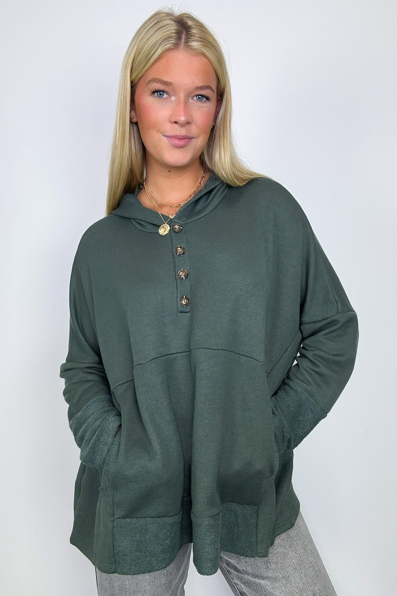 Olive / S Boho Bliss Contrast Hooded Relaxed Fit Pullover - FINAL SALE - Madison and Mallory