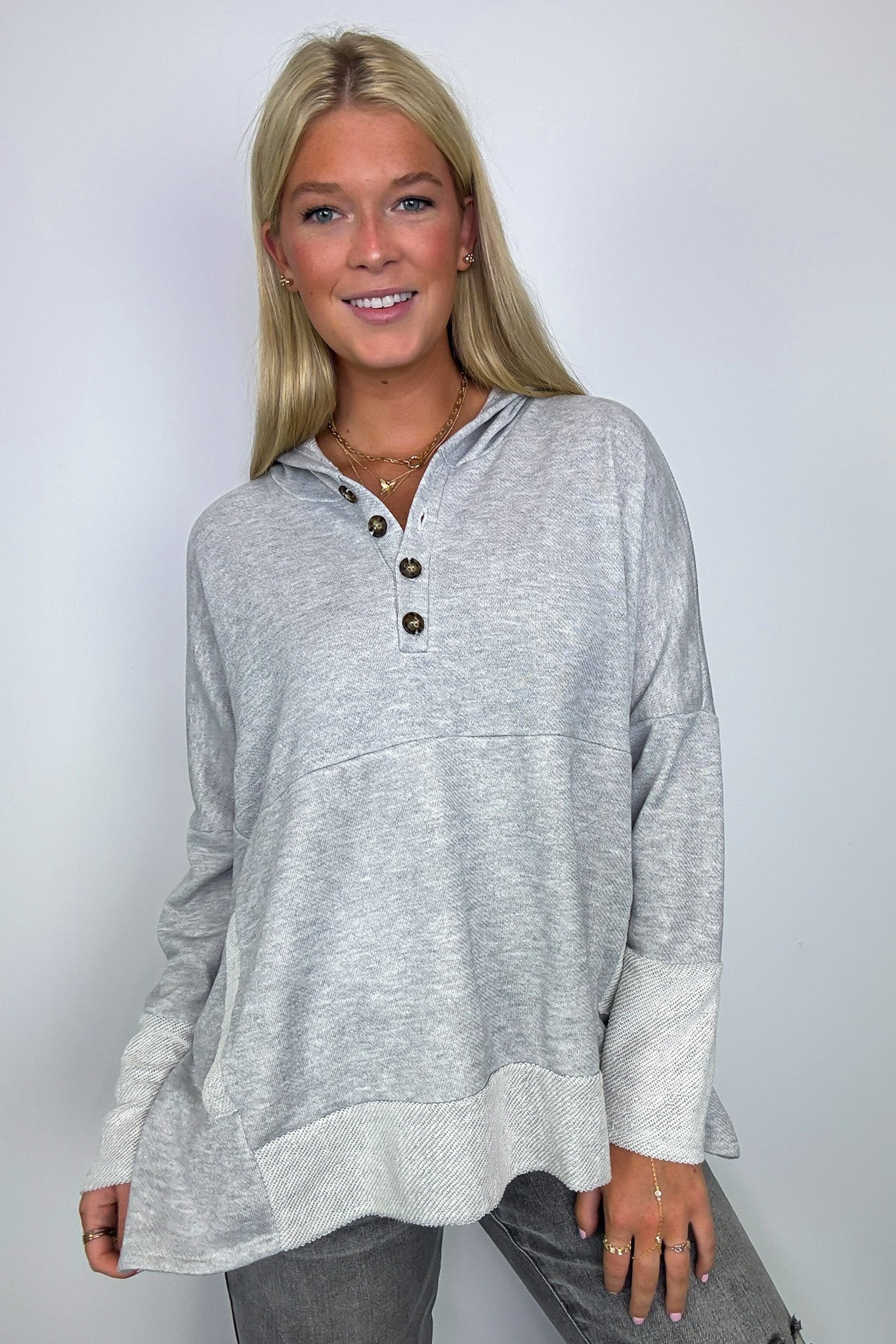 Heather Gray / S Boho Bliss Contrast Hooded Relaxed Fit Pullover - FINAL SALE - Madison and Mallory