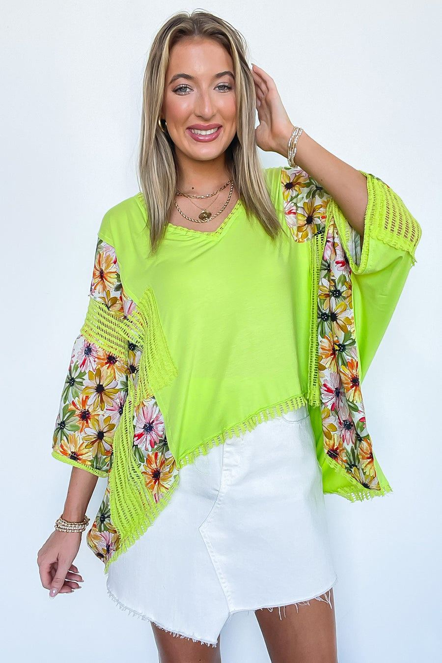 Boho Drift Oversize High Low Patchwork Floral Contrast Top - Madison and Mallory