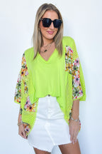Neon Lime / S Boho Drift Oversize High Low Patchwork Floral Contrast Top - FINAL SALE - Madison and Mallory