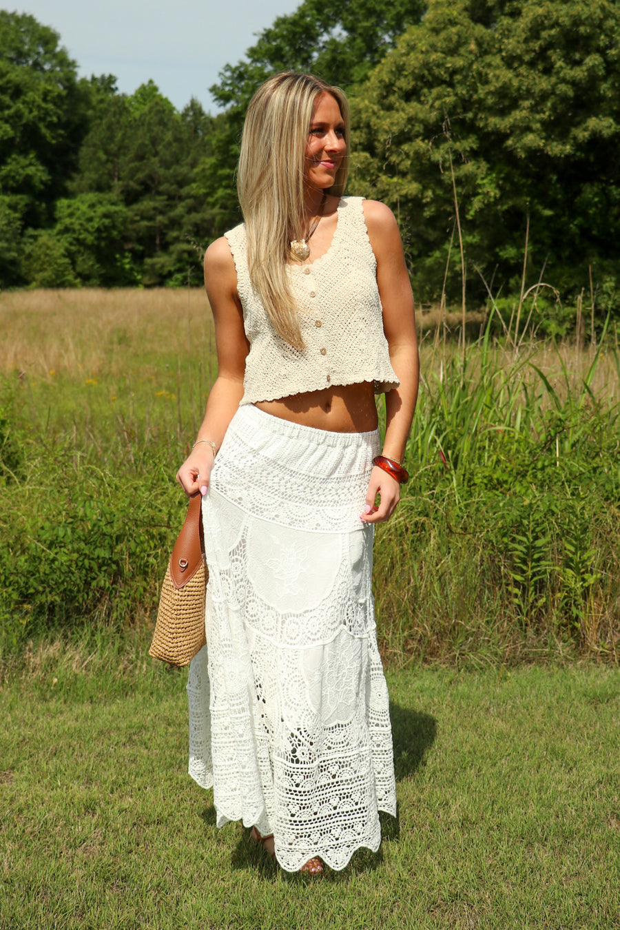 S / White Boho Breeze Crochet Maxi Skirt - Madison and Mallory