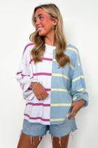 S / Cream Blue Bold Balance Color Block Striped Sweater - Madison and Mallory