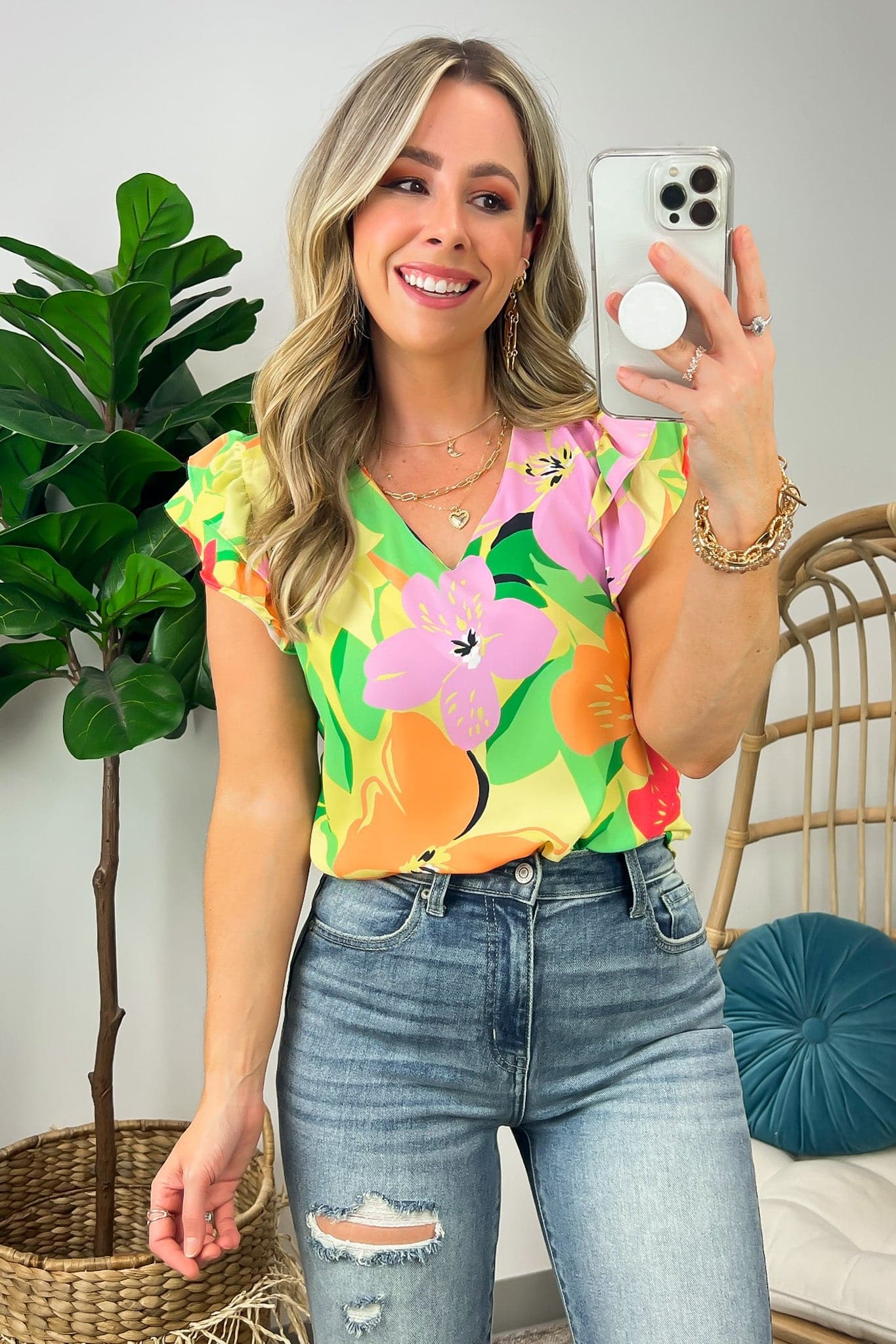  Bold Botanicals Floral Ruffle Flutter Sleeve Top - FINAL SALE - Madison and Mallory