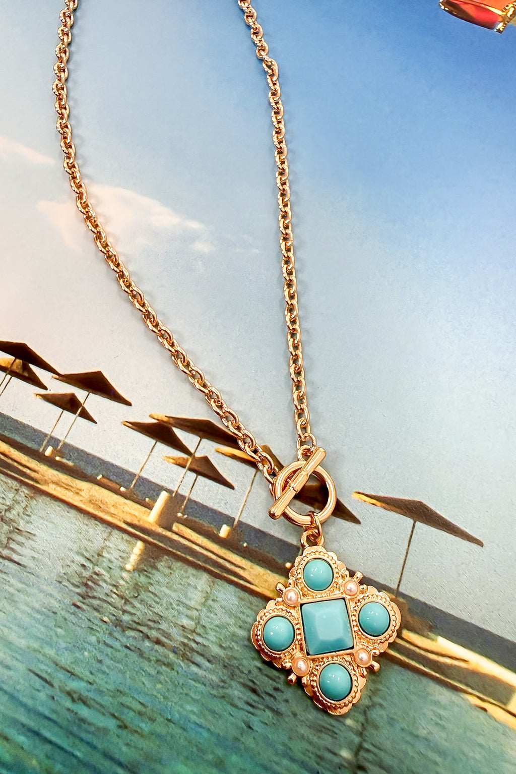 Turquoise Bold Fortune Studded Clover Pendant Toggle Chain Necklace - Madison and Mallory