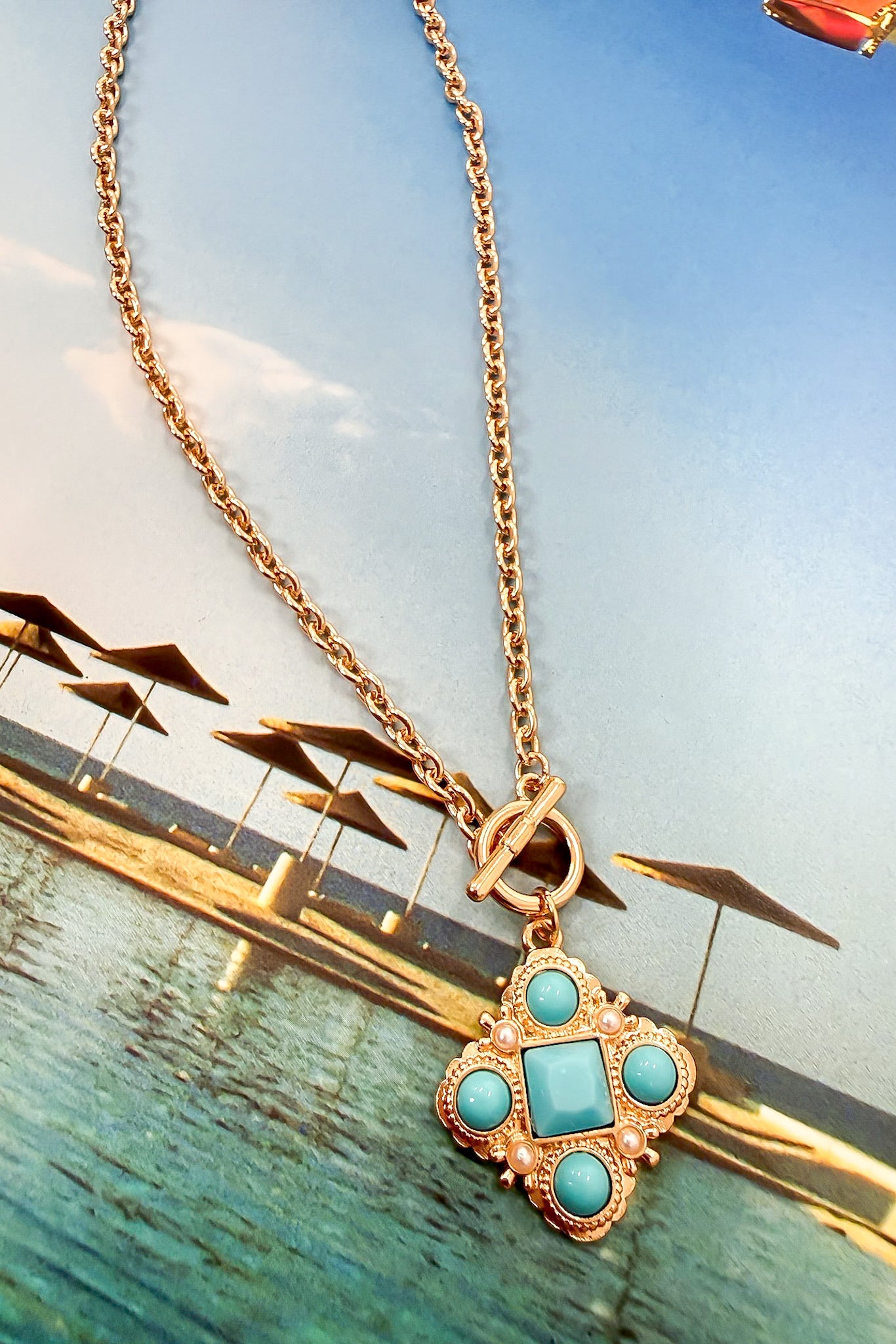 Turquoise Bold Fortune Studded Clover Pendant Toggle Chain Necklace - Madison and Mallory
