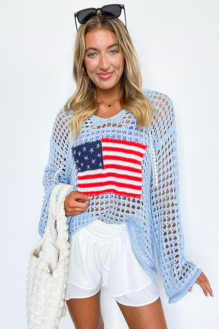 S / Powder Blue Born to Be Free American Flag Knit Hooded Sweater - Madison and Mallory