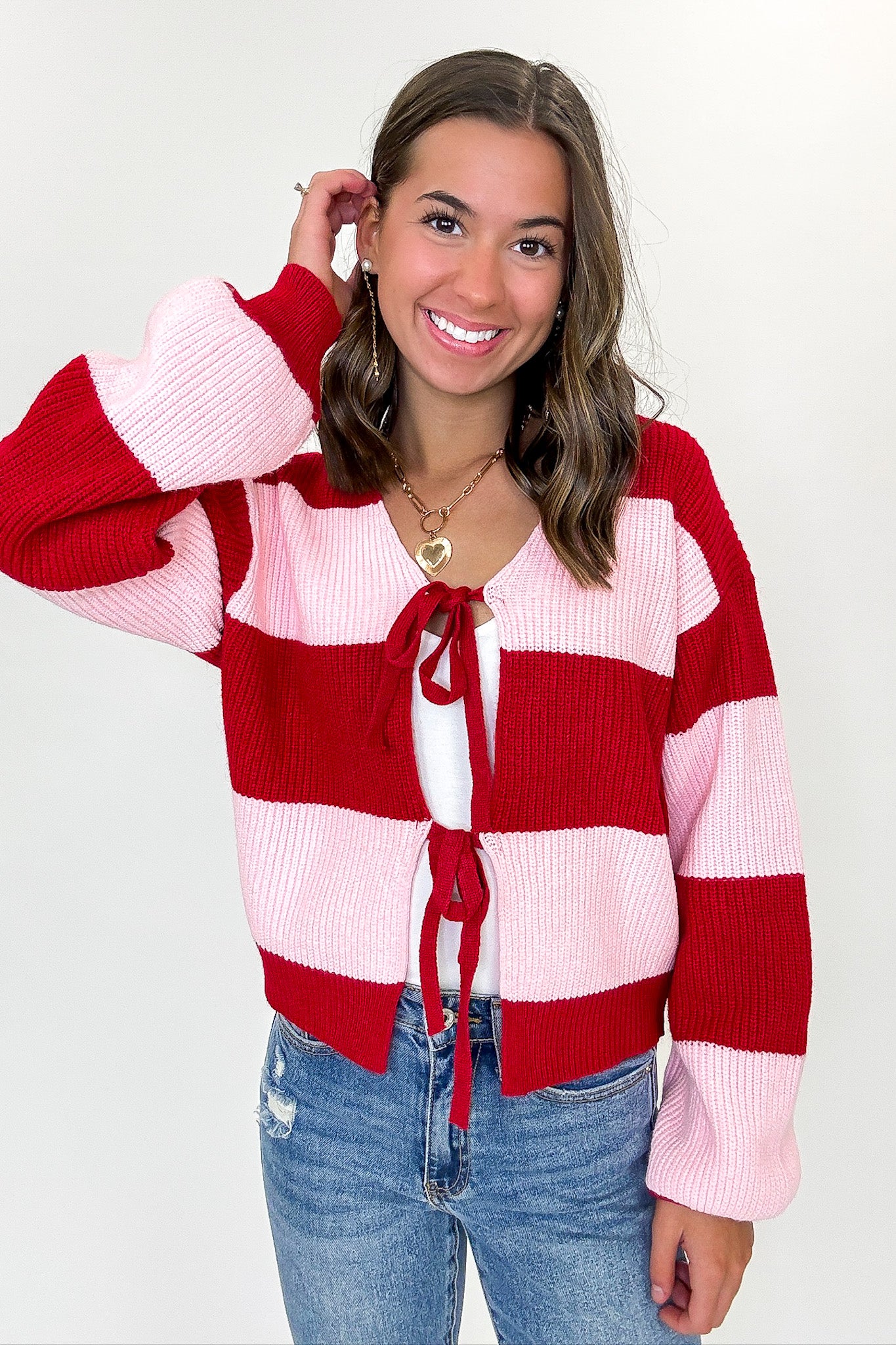 Bound Lines Striped Tie Front Knit Sweater