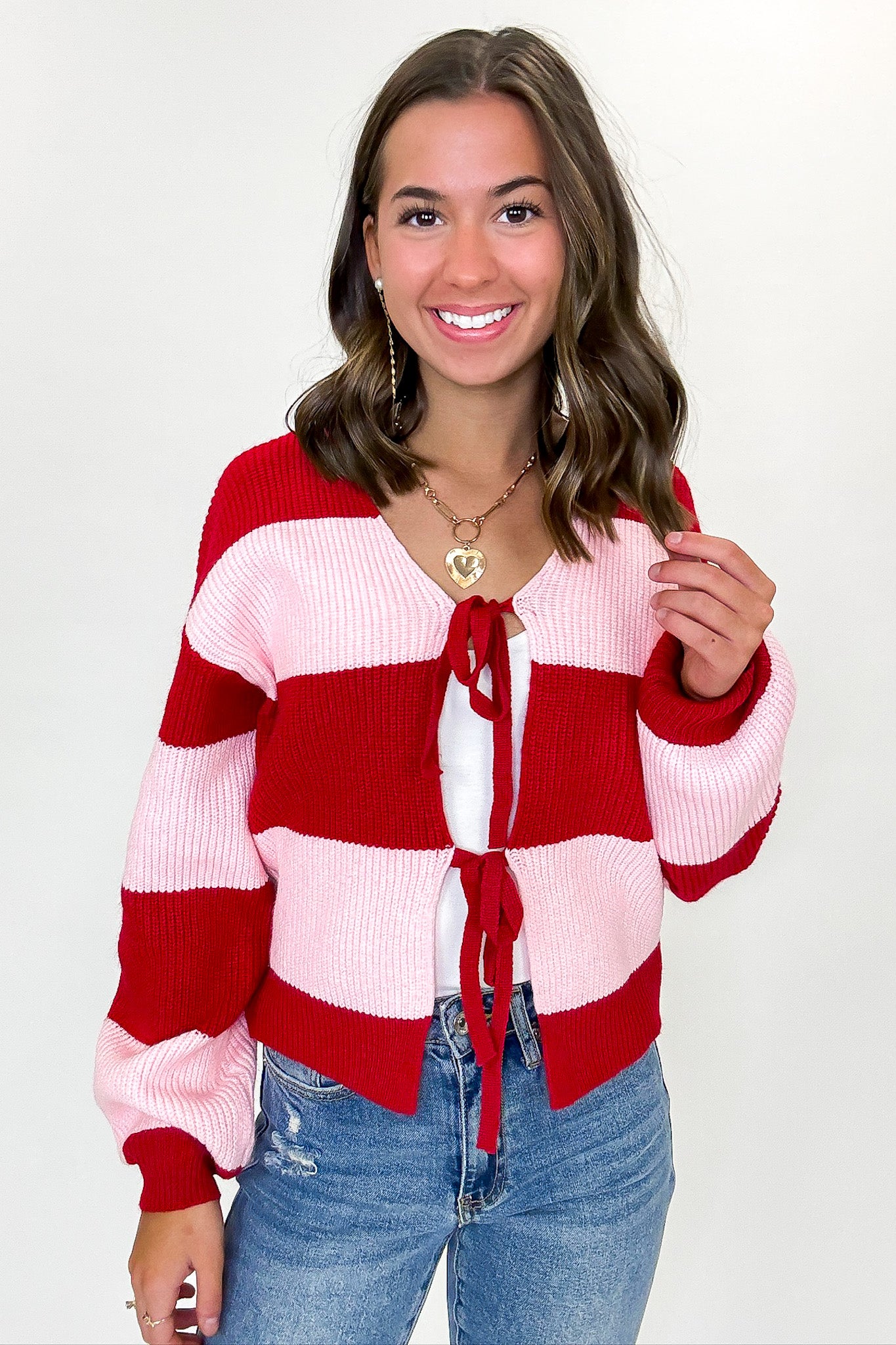 Bound Lines Striped Tie Front Knit Sweater