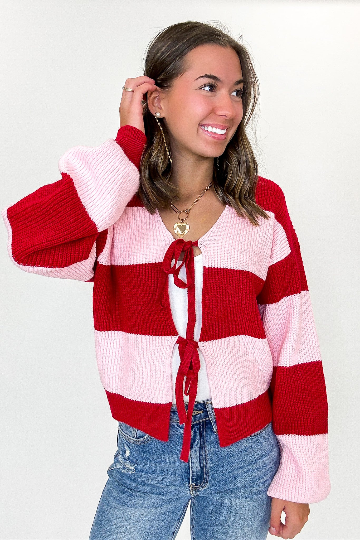 Bound Lines Striped Tie Front Knit Sweater