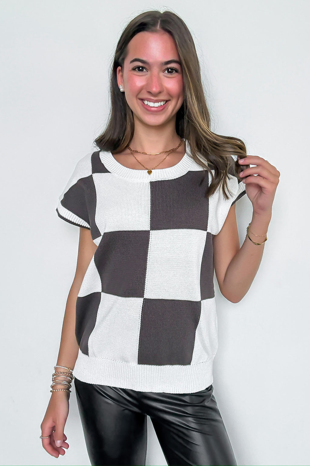 Charcoal / S Boxed In Check Knit Top - FINAL SALE - Madison and Mallory