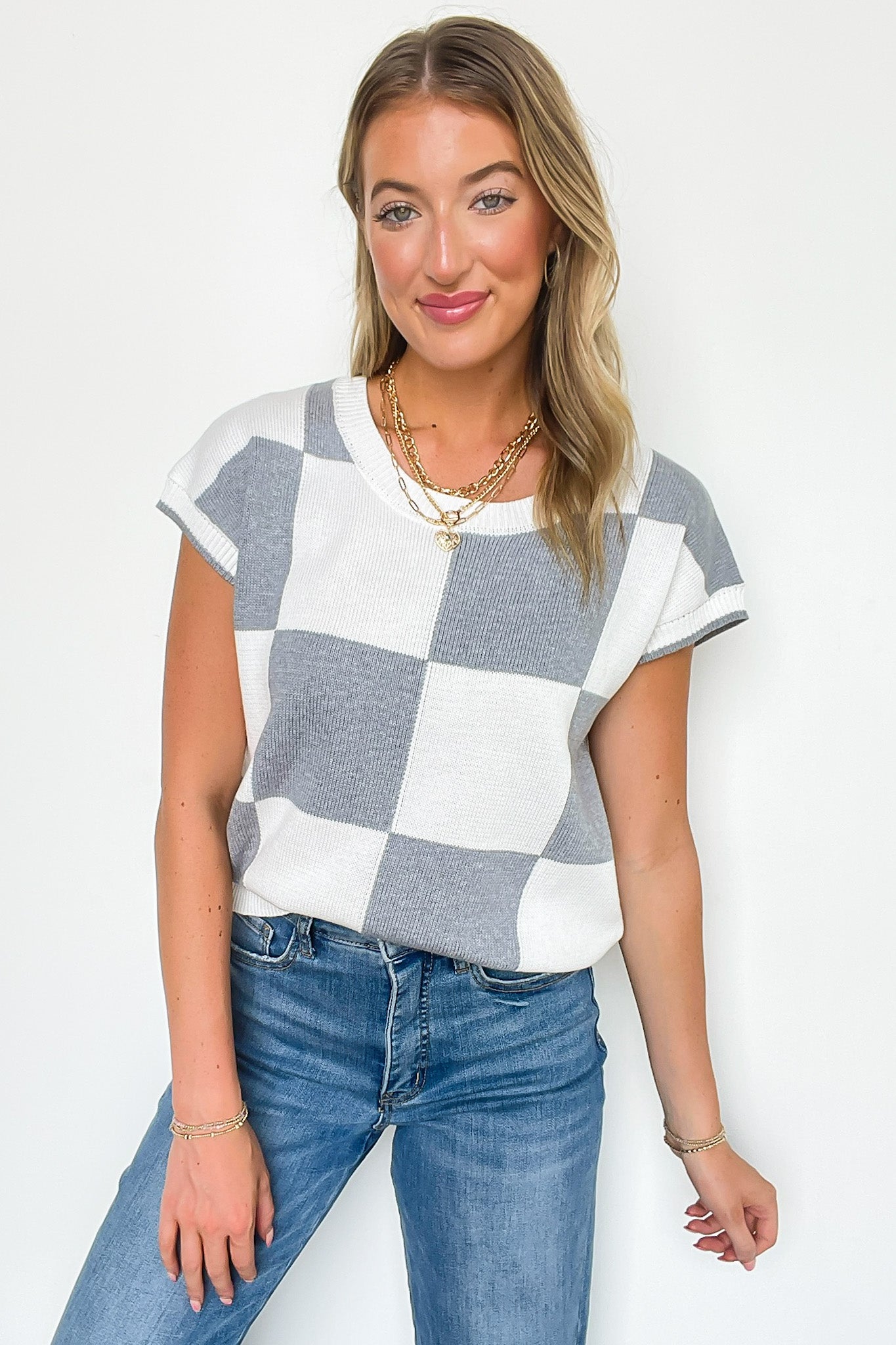 Boxed In Check Knit Top - FINAL SALE - Madison and Mallory