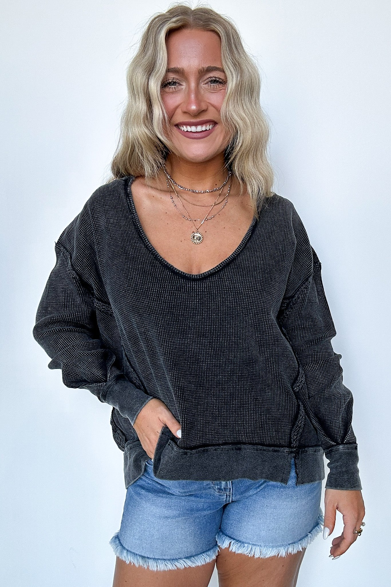  Braelyn V-Neck Oversized Waffle Knit Pullover - Madison and Mallory