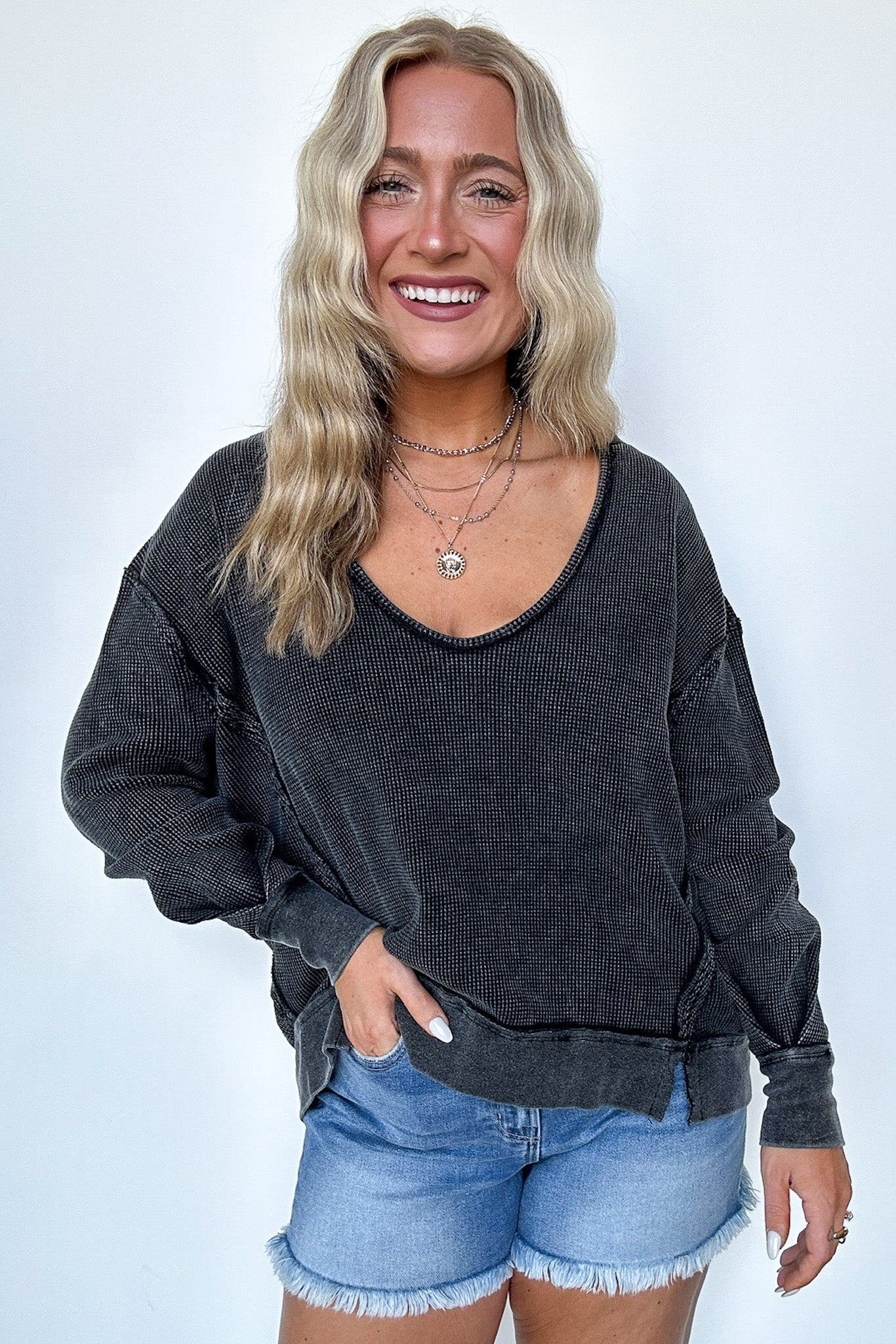  Braelyn V-Neck Oversized Waffle Knit Pullover - Madison and Mallory