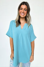 Dusty Teal / S Brayan Split V-Neck Flowy Top - BACK IN STOCK - Madison and Mallory