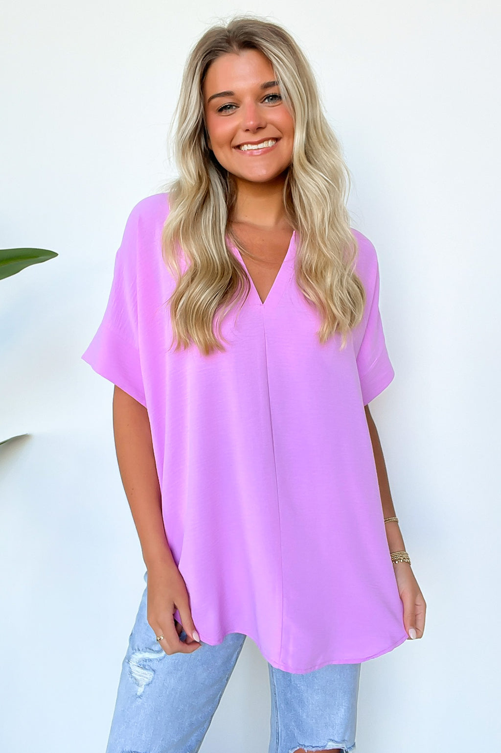 Mauve / S Brayan Split V-Neck Flowy Top - Madison and Mallory