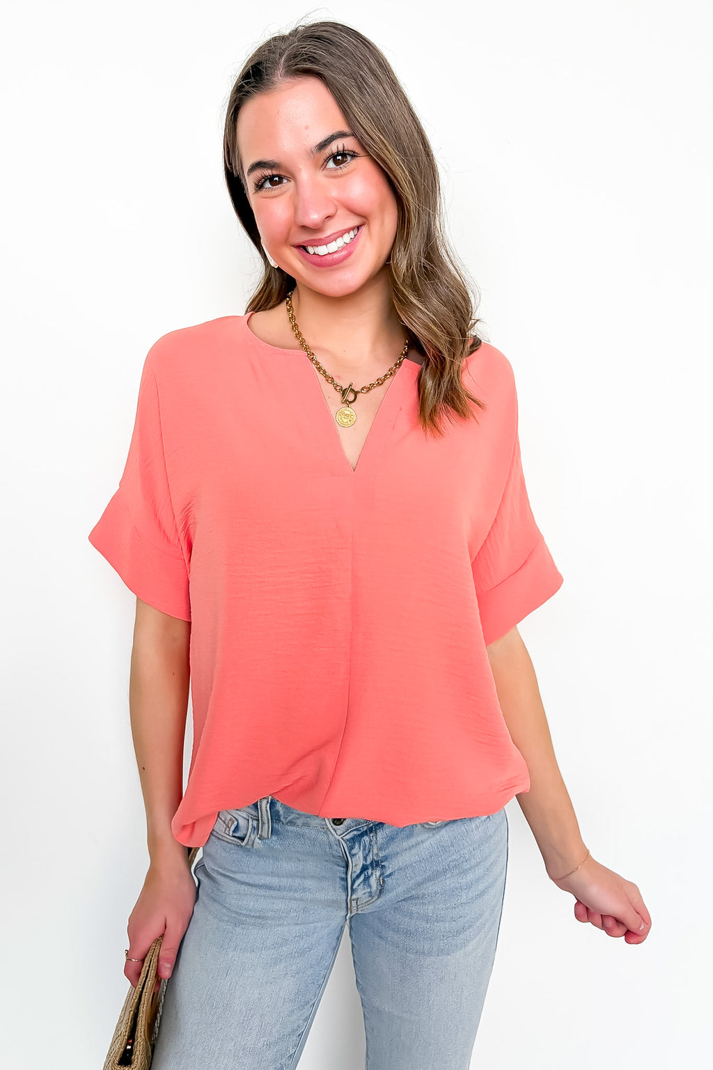Coral / S Brayan Split V-Neck Flowy Top - Madison and Mallory