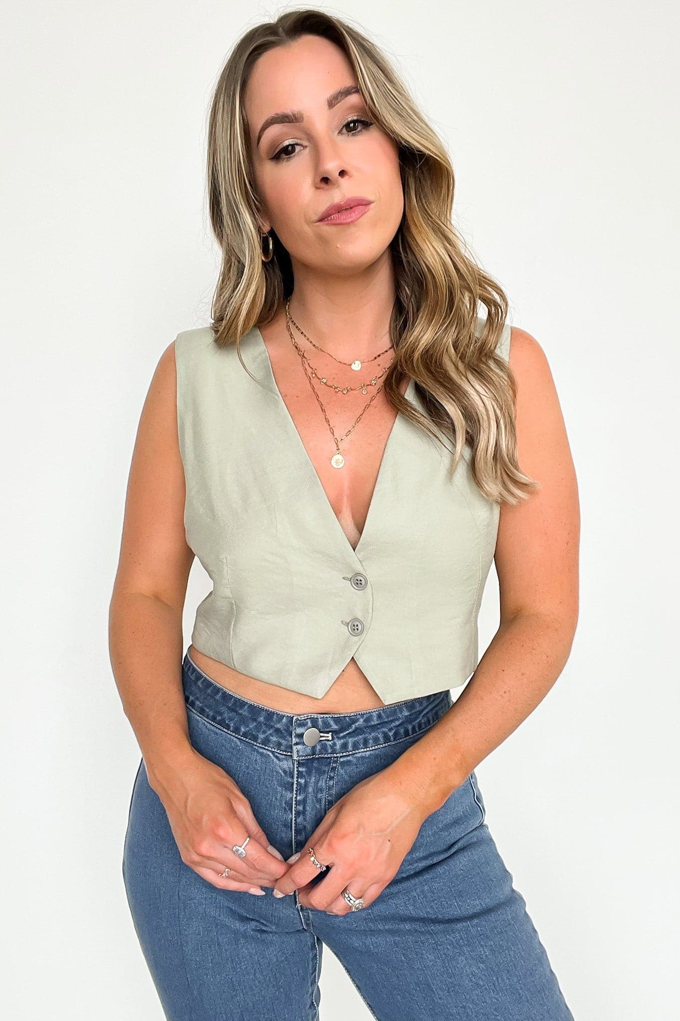 S / Sage Breaking Rules Button Down Vest Top - FINAL SALE - Madison and Mallory