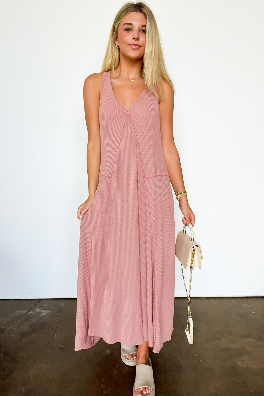  Breelie V-Neck Waffle Knit Maxi Dress - FINAL SALE - Madison and Mallory