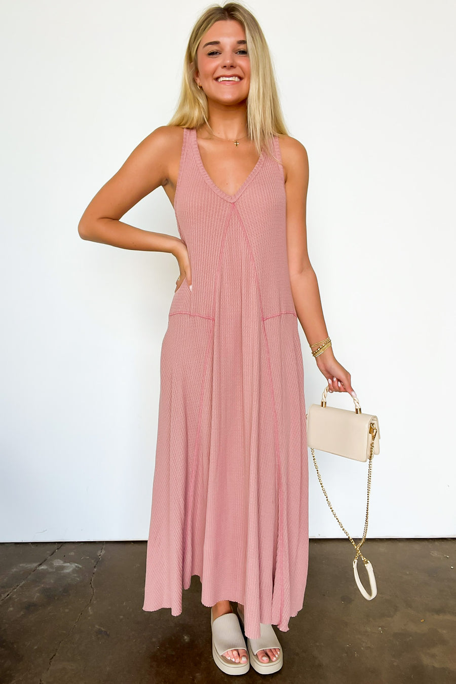 S / Mauve Breelie V-Neck Waffle Knit Maxi Dress - FINAL SALE - Madison and Mallory