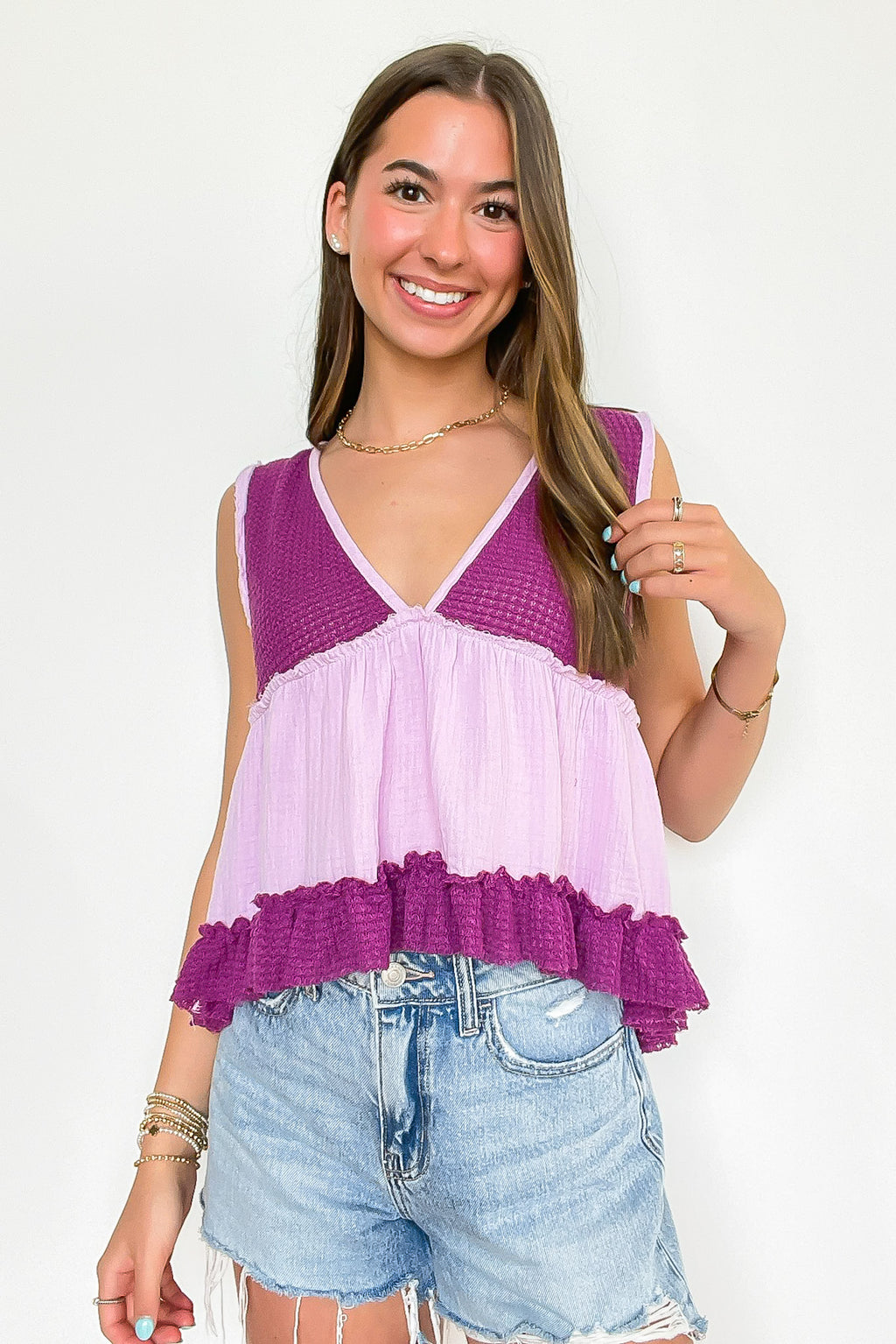 Grape / S Breeze By V-Neck Ruffle Tank Top - Madison and Mallory