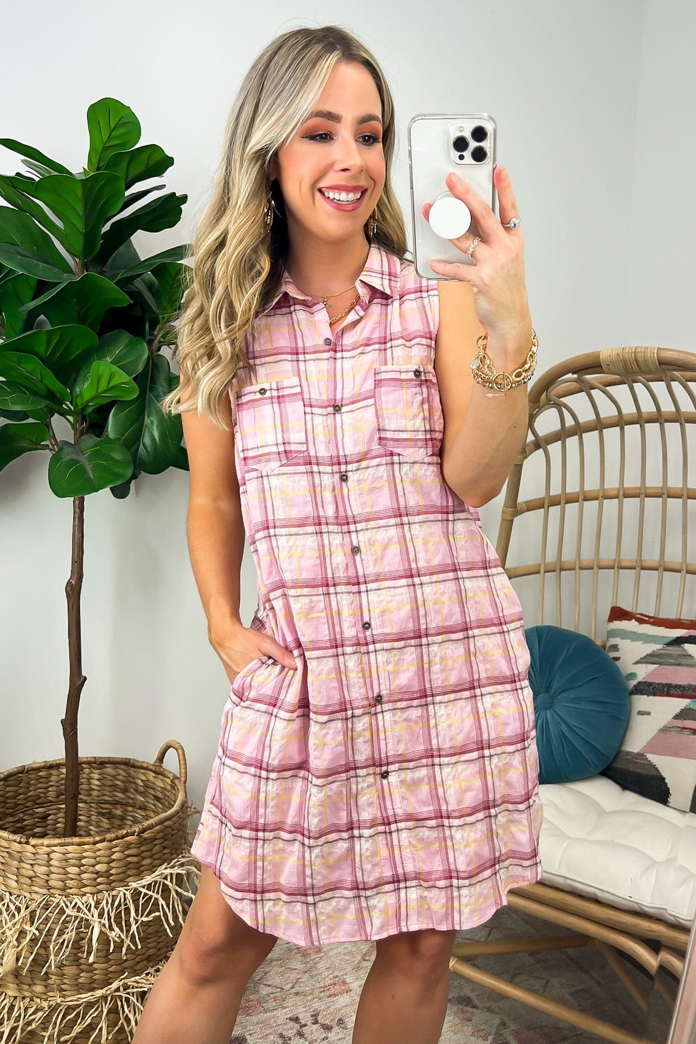 S / Pink Brennyn Plaid Button Down Shirt Dress - FINAL SALE - Madison and Mallory