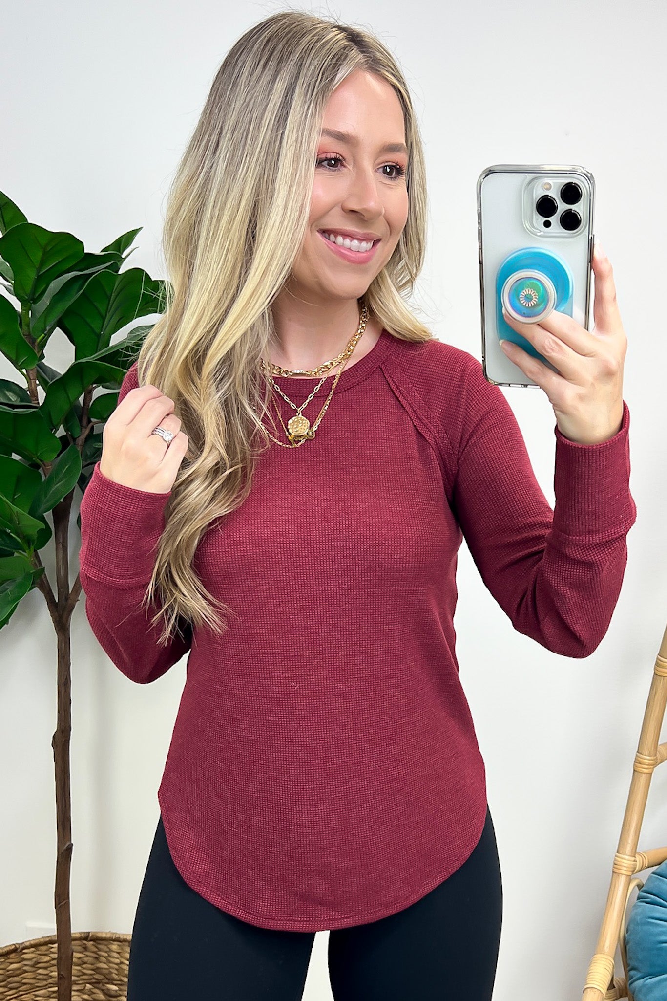 Cabernet / S Briallyn Waffle Knit Raglan Top - FINAL SALE - Madison and Mallory