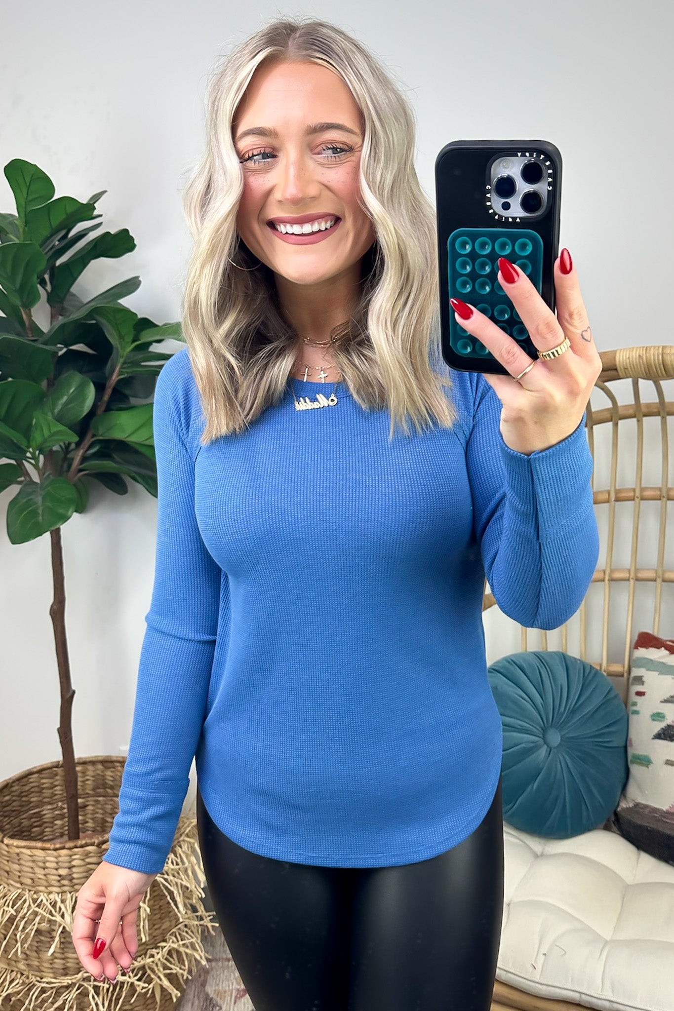 Classic Blue / S Briallyn Waffle Knit Raglan Top - FINAL SALE - Madison and Mallory